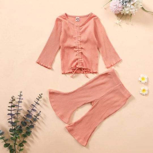 2-Piece Ribbed Knit Bell-Sleeve Top & Flared Pants Baby Set