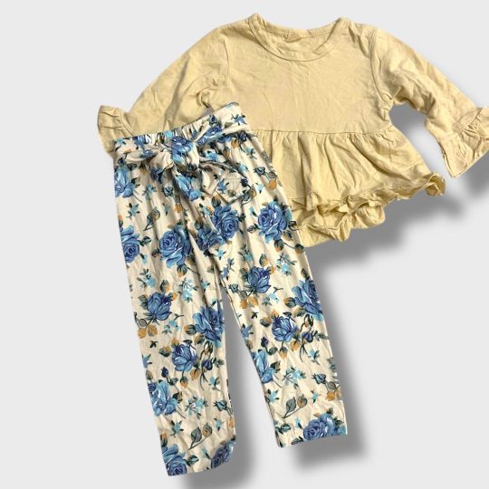 2-Piece Floral Bell-Sleeve Top and Rose Pattern Pants Set